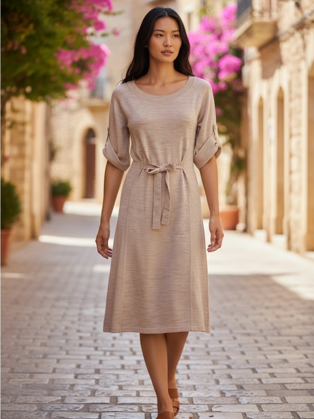 BCBGMaxAzria Beige Wool Tie-Waist Scoop Neck Midi Dress